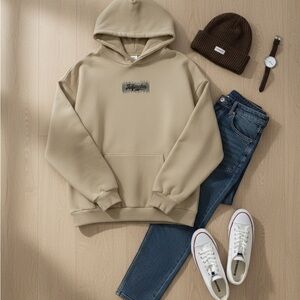 Aelfric Eden Unisex Beige Embroidered Hoodie Oversized Fit Size L